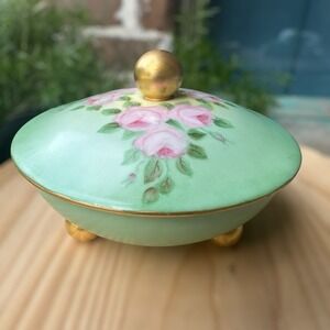 Plankenhammer Porcelain Dresser Box‎ Candy Dish 5" Pink Roses Gold Gilt Foote